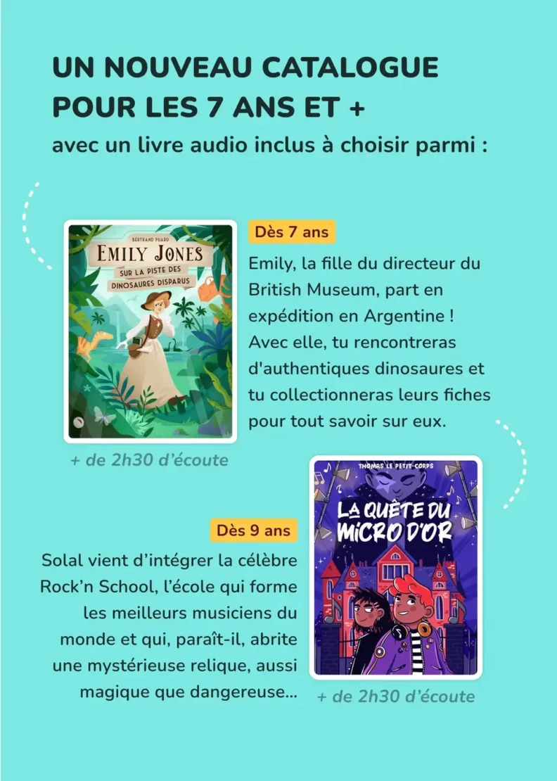 Flam, le baladeur interactif de Lunii : livres audios La Quête du Micro d'Or et Emily Jones sur la piste des dinosaures perdus.